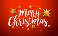 Merry Christmas red background with calligraphic hand written text happy xmas. Vector illustration with text, and stars and beads Royalty Free Stock Photo