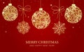 Merry Christmas red background with golden Christmas balls, snowflakes and glares. Happy New Year gold texture design as Royalty Free Stock Photo