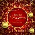 Merry Christmas on red background with golden decoration and baubles Royalty Free Stock Photo