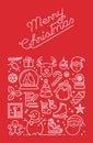 Merry Christmas greeting card. White line icon and red background Royalty Free Stock Photo