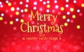 Merry Christmas red bokeh. Gold text with color blurry lights. Happy New Year banner with defocused stars. Xmas Royalty Free Stock Photo