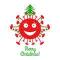 Merry Christmas. Red cartoon coronavirus bacteria with green christmas balls and fir tree on the top. Isolated on a white