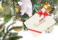 Merry Christmas white red  gold ball and gift box with  greetings card on colorful pine tree branch  snow flakes  banner Royalty Free Stock Photo
