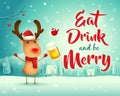 Merry Christmas! The red-nosed reindeer with beer in Christmas snow scene winter landscape Royalty Free Stock Photo