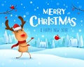 Merry Christmas! The red-nosed reindeer greets in Christmas snow scene winter landscape.