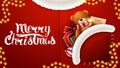 Merry Christmas, red postcard in form of Santa Claus costume with present with Teddy bear in pocket
