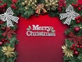 Merry Christmas red theme background with berries, flower ribbons decor