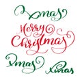 Merry Christmas red vector Calligraphic Lettering text and set of xmas green text for design greeting cards. Holiday Royalty Free Stock Photo