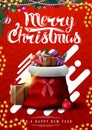 Merry Christmas, red vertical postcard with abstract shapes, garlands and Santa Claus bag with presents Royalty Free Stock Photo