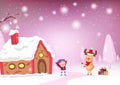 Merry Christmas, reindeer cartoon character give a gift celebrate to a kid at home, greeting card, snow falling fantasy, sweet pa