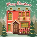 Merry Christmas retro card. Winter landscape with house, fir-tree and snowfall. Royalty Free Stock Photo