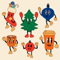 Merry Christmas retro collection cartoon mascot characters. Royalty Free Stock Photo