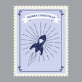 Merry Christmas retro postage stamp with Santa rocket. Vector illustration isolated
