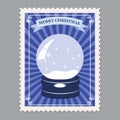 Merry Christmas retro postage stamp with snowglobe. Vector illustration isolated