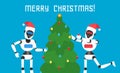 Merry christmas robots humanoid in santa hats decorate spruce