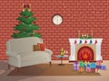 Merry Christmas room interior on a brick background with a fireplace, Christmas tree, couch, gift boxes, wall clock. Candles socks Royalty Free Stock Photo