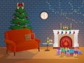 Merry Christmas room interior on a brick background with a fireplace, Christmas tree Royalty Free Stock Photo