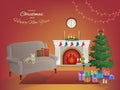 Merry Christmas room interior on a red background with a fireplace, Christmas tree, couch, gift boxes, wall clock. Candles socks Royalty Free Stock Photo