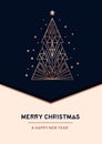 Merry Christmas rose gold greeting card with beige and navy blue background.