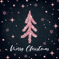 Merry Christmas rose gold greeting card template. Hand drawn stylized Christmas tree with glitter effect on black decorated Royalty Free Stock Photo