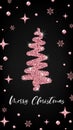 Merry Christmas rose gold greeting card vertical banner template. Hand drawn Christmas tree with glitter effect on black decorated Royalty Free Stock Photo