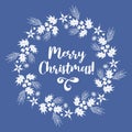 Merry Christmas. Round vintage frame made of snowflakes, holly and spruce. In blue and white colors. Retro font. For Royalty Free Stock Photo