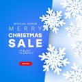 Merry Christmas sale banner with paper cut cold snowflakes elements flying chaotically in the air with discount text for Christmas