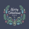 Merry Christmas Sale Discount Hand Drawn Sketch Wreath, Banner Or Card Template. Advertising Holiday Vector Illustration