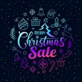 Merry Christmas sale message with icons purple circle shape on star