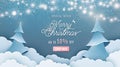Merry christmas sale 50 off vector background. Winter holiday discount ad banner with light garland, spruce fir tree
