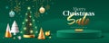 Merry christmas sale, pine tree lighting, green podium display ornaments banners design on green background