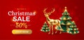 Merry Christmas sale promotion poster banner template - Discount 50% off text and button - festive decoration gold Christmas deer Royalty Free Stock Photo