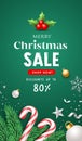 Merry Christmas Sale, with Santa Staff and Pine leaves, star, Snow flakes, gold ribbons, flyer poster Royalty Free Stock Photo