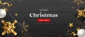 Merry Christmas sale shop now, black gift box golden ribbon, snowflake, white ball, concept design