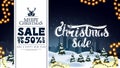 Merry Christmas, sale up to 50% off, discount and greeting banner with winter landscape on background