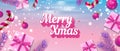 Merry Christmas sale web banner, fashion pink background. Xmas presents, pine tree, candy cane. Horizontal banner