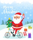 Merry Christmas. Santa Claus on bicycle with gifts .