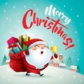 Merry Christmas! Santa Claus in Christmas snow scene. Christmas greeting card.