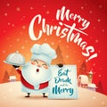 Merry Christmas! Santa Claus in Christmas snow scene. Christmas greeting card.
