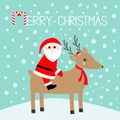 Merry christmas. Santa Claus. Cute cartoon deer with horns, red hat, scarf. Candy cane. Reindeeer head. Snowdrift. Blue winter sno