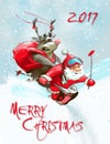 Merry Christmas Santa Claus and deer card