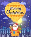 Merry Christmas. Santa Claus, deer and elf on hot air balloon. Royalty Free Stock Photo