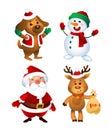 Merry Christmas. Santa Claus, Dod, Snowman and Reindeer. Happy Holiday Mascots Set Royalty Free Stock Photo