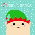 Merry Christmas. Santa Claus Elf face head icon. Green hat. New Year. Cute cartoon funny kawaii baby character. Greeting card. Royalty Free Stock Photo