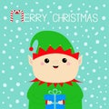 Merry Christmas. Santa Claus Elf face holding gift box. Green hat. Happy New Year. Cute cartoon funny kawaii baby character. Royalty Free Stock Photo