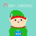 Merry Christmas. Santa Claus Elf face holding gift box. Green hat. New Year. Cute cartoon funny kawaii baby character. Greeting Royalty Free Stock Photo