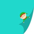 Merry Christmas. Santa Claus elf face holding hands up. Fold page corners. Green hat. Curled paper corner. Cute cartoon kawaii Royalty Free Stock Photo
