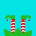 Merry Christmas. Santa Claus Elf legs with shoes icon. Green costume. Red white striped socks. Happy New Year. Cute cartoon funny Royalty Free Stock Photo