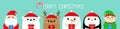 Merry Christmas. Santa Claus Elf White bear Snowman Raindeer Deer Penguin bird face icon set. Holding gift box. New Year. Cute Royalty Free Stock Photo