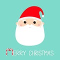 Merry Christmas. Santa Claus face head round icon. New Year. Red hat. White moustaches, beard. Cute cartoon funny kawaii baby Royalty Free Stock Photo